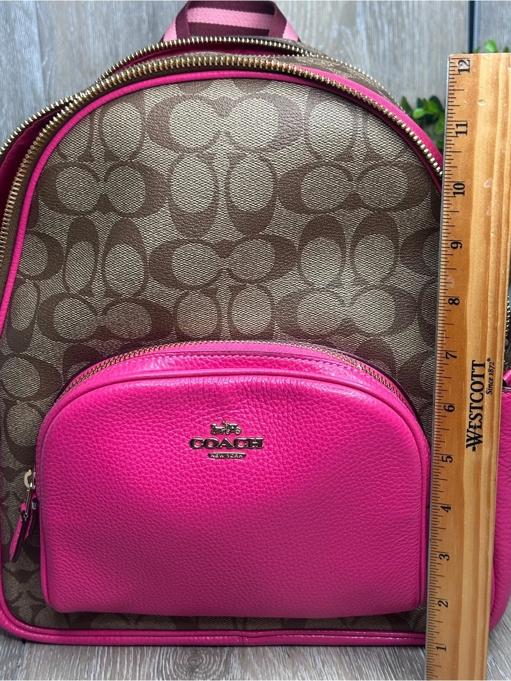 Coach Signature Monogram Pink Leather Trim Backpack – Gold Hardware – Medium
